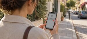 Γυναίκα σε πεζοδρόμιο γειτονιάς κοιτάζει στο κινητό της ένα ύποπτο μήνυμα με σήμα προειδοποίησης.