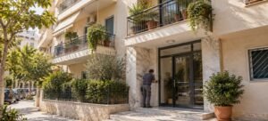 Είσοδος ελληνικής πολυκατοικίας με μπαλκόνια και φυτά, σε ηλιόλουστο δρόμο, ενώ ένας ένοικος ξεκλειδώνει την πόρτα.