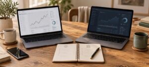 Δύο ανοιχτά laptop με γραφήματα επενδυτικών πλατφορμών σε ξύλινο τραπέζι, δίπλα σε σημειωματάριο, κινητό και φλιτζάνια καφέ.